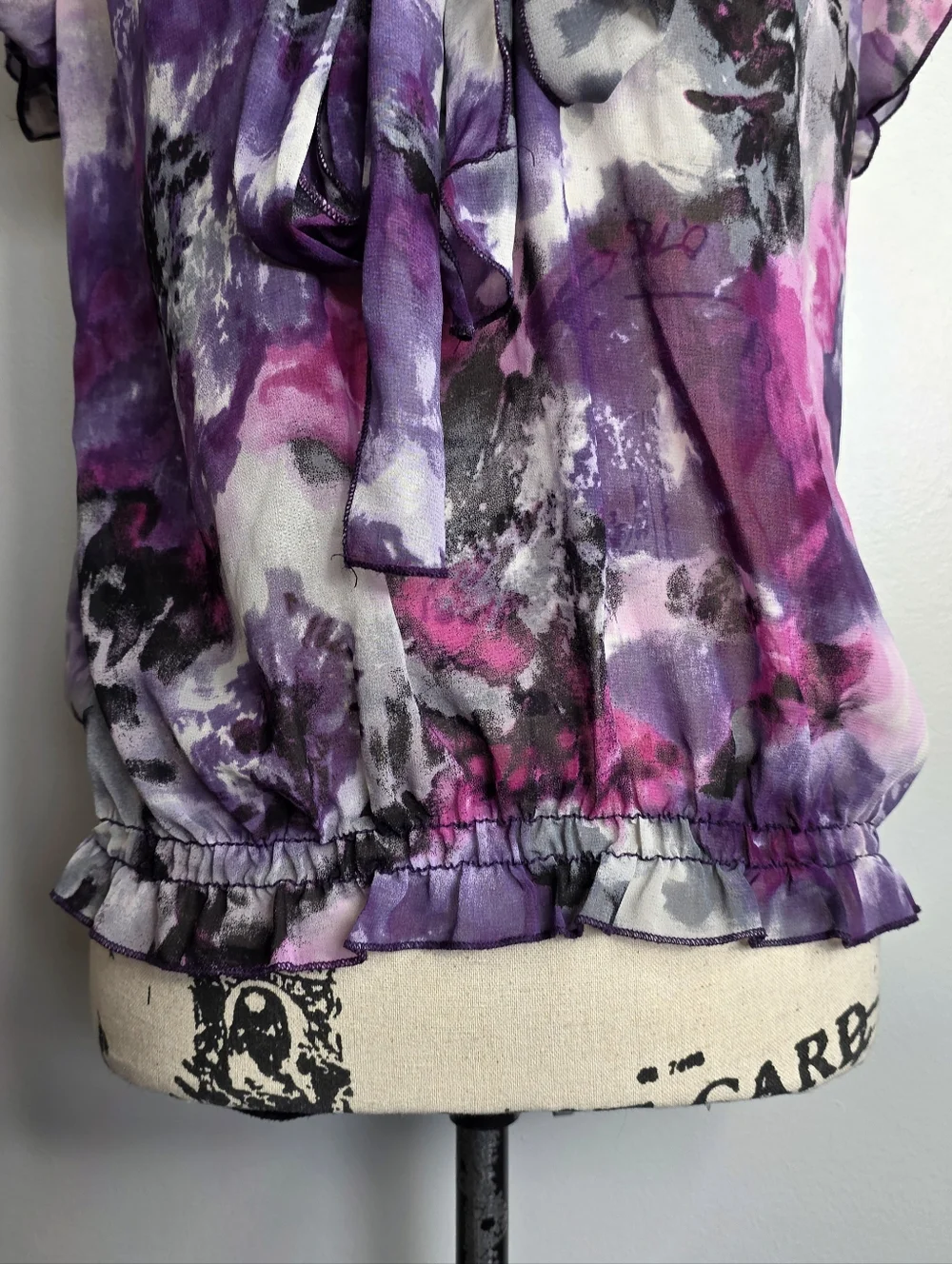Y2k Wrapper Purple Floral Abstract Sheer Blouse Flutter Sleeve Medium